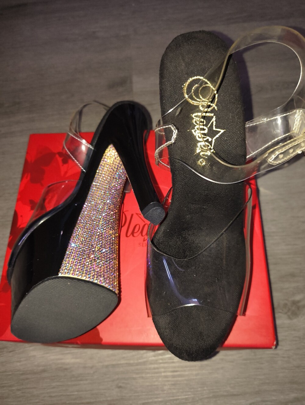 New In Box Pleaser Sky-308CRS Clear/Black-champagne Size 7 - Picture 11 of 14